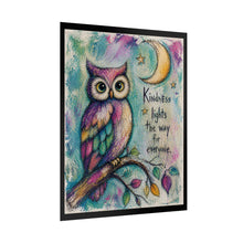 Load image into Gallery viewer, Whimsical Owl Poster — "Kindness lights the way for everyone" Motivational Rolled Art Print
