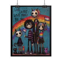Load image into Gallery viewer, Emo Monster Pride Art Print - "Live Loudly, Love Freely, Be You" Rainbow Wall Decor