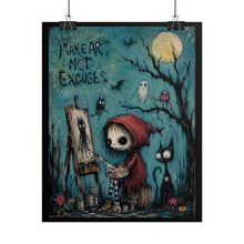 Load image into Gallery viewer, Make Art Not Excuse Poster — Cute Gothic Skeleton Artist Rolled Art Print