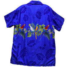Load image into Gallery viewer, Vintage Hawaiian Shirt Mens Medium Blue AOP Parrot Wrap Around Costal Beachy