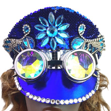 Load image into Gallery viewer, Blue Sequin Captains Hat Goggles Spikes Rhinestones Festival Rave Cosplay NWT