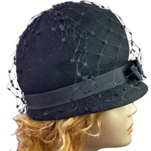 Load image into Gallery viewer, Vintage VECO Hat Womens Small Wool Felt Cloche Birdcage Veil Church Bow Union