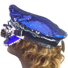 Load image into Gallery viewer, Blue Sequin Captains Hat Goggles Spikes Rhinestones Festival Rave Cosplay NWT