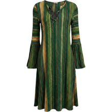 Load image into Gallery viewer, Futuro Womens XL Green Striped Boho Bell Sleeve Mini Dress Tunic Retro 70s Style