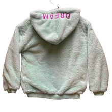 Load image into Gallery viewer, Betsey Johnson Hoodie Womens Medium Mint Green Comfy Fuzzy Rainbow Sequins
