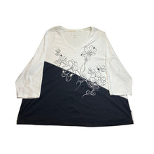 Load image into Gallery viewer, Womens White Black Colorblock V-Neck Long Sleeve Cotton Blend Relaxed Top