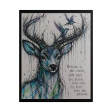 Load image into Gallery viewer, Deer & Hummingbird Inspirational Art Poster — "Healing Is Not Linear" Rolled Wall Print
