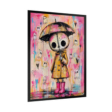 Load image into Gallery viewer, Cute Skeleton Girl Poster — Pink Raincoat & Ghosts Rolled Art Print