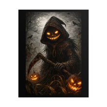Load image into Gallery viewer, Halloween Scarecrow Poster — Spooky Jack-o'-Lantern Grim Reaper Wall Art (Rolled Poster)