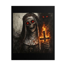 Load image into Gallery viewer, Horror Nun Poster – Flaming Inverted Cross Gothic Wall Art