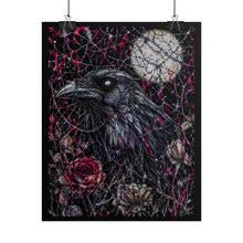 Load image into Gallery viewer, Gothic Moonlit Raven Art Print – Dark Whimsy Crow with Red Roses & Stitched Cobwebs Wall Decor