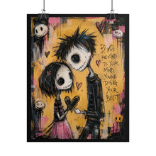 Load image into Gallery viewer, Gothic Skeleton Couple Art Print – "P.S. Be Kind to Your Mind, You're Doing Your Best" Quote Wall Decor
