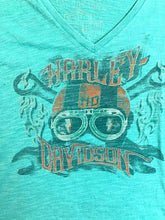 Load image into Gallery viewer, Harley Davidson Shirt Womens Large Teal Green Boots on Fire Wisconsin Motorcycle
