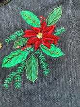 Load image into Gallery viewer, VTG Crystal Kobe Sweater Womens Medium Navy Blue Poinsettia Christmas Cardigan