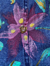 Load image into Gallery viewer, Vintage Denim Jacket Womens 3X Blue Jean Hand Painted Shoulder Pads Flower Lady
