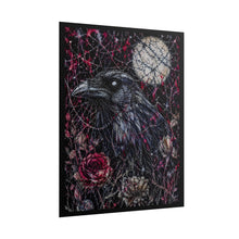 Load image into Gallery viewer, Gothic Moonlit Raven Art Print – Dark Whimsy Crow with Red Roses & Stitched Cobwebs Wall Decor