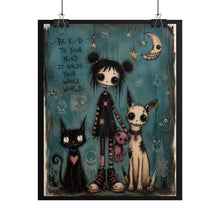 Load image into Gallery viewer, Gothic Cute 'Be Kind to Your Mind' Rolled Art Poster — Whimsical Girl with Cats