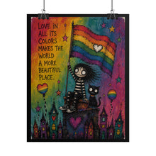 Load image into Gallery viewer, "Love In All Its Colors" Pride Art | Whimsical Character Rooftop Poster
