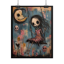 Load image into Gallery viewer, Skeleton Girl on Swing Under Crescent Moon – Pastel Goth Fine Art Rolled Poster