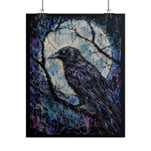 Load image into Gallery viewer, Gothic Celestial Raven Art Print – Dark Whimsy Crow on Branch with Full Moon Wall Decor