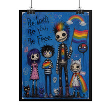 Load image into Gallery viewer, Alt Fashion Pride Poster, Vivid Blue Goth Group Artwork, Rainbow Heart and Balloon Subculture Print