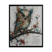 Load image into Gallery viewer, Owl Art Poster — 'Love Doesn't Divide Us' Rolled Wall Print