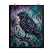 Load image into Gallery viewer, Gothic Watercolor Raven Art Print – Purple & Teal Perched Crow Bird Wall Decor