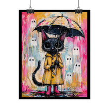Load image into Gallery viewer, Cat in Raincoat Poster – Cute Whimsical Black Cat with Umbrella & Ghosts Rolled Art Print