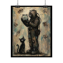 Load image into Gallery viewer, Diver & Cat Art Poster — Whimsical Underwater Vintage Print (Rolled Poster)