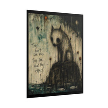Load image into Gallery viewer, Rolled Poster — Moody Surreal Cat Art Print “They Don’t See Me. They See What They Expect.”