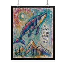 Load image into Gallery viewer, Soaring Humpback Whale "Let Courage Lift You Higher Than Fear" Mountain & Moon Canvas Poster