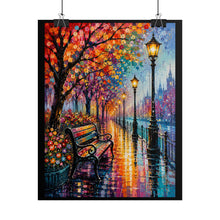 Load image into Gallery viewer, Vibrant Autumn Park Bench Poster - Romantic Rainy Promenade Wall Decor