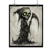 Load image into Gallery viewer, Grim Reaper Art Poster — Cute Dark Skeleton with Glowing Green Eyes (Rolled Poster)