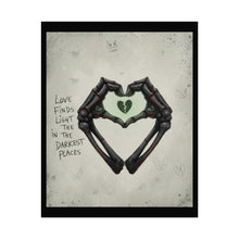Load image into Gallery viewer, Broken Heart Skeleton Hands Poster – “Love Finds Light in the Darkest Places” Wall Art