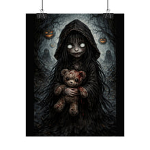 Load image into Gallery viewer, Horror Girl with Teddy Poster — Creepy Halloween Wall Art, Dark Gothic Nursery Print