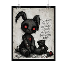 Load image into Gallery viewer, Gothic Bunny Heart Poster — 'The Toughest Battles Are Fought in Silence' Rolled Art Print