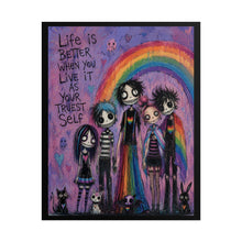 Load image into Gallery viewer, Spooky Cute Pastel Goth Friends under a Rainbow Poster - Colorful Identity Canvas Wall Decor