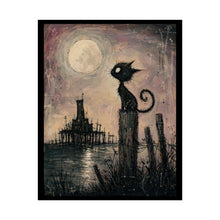 Load image into Gallery viewer, Rolled Poster — Gothic Moon Cat Art Print, Whimsical Haunted Pier Wall Decor