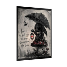 Load image into Gallery viewer, Rolled Poster — Gothic Bunny on Mushroom with Lantern & Quote "Love is the quiet light"