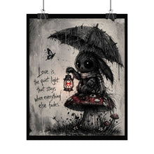 Load image into Gallery viewer, Rolled Poster — Gothic Bunny on Mushroom with Lantern & Quote "Love is the quiet light"