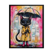 Load image into Gallery viewer, Cat in Raincoat Poster – Cute Whimsical Black Cat with Umbrella & Ghosts Rolled Art Print