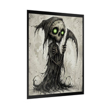 Load image into Gallery viewer, Grim Reaper Art Poster — Cute Dark Skeleton with Glowing Green Eyes (Rolled Poster)