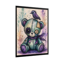 Load image into Gallery viewer, Gothic Stitched Teddy Bear & Raven Poster - Whimsical Dark Fantasy Wall Decor