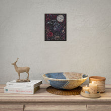 Load image into Gallery viewer, Gothic Moonlit Raven Art Print – Dark Whimsy Crow with Red Roses & Stitched Cobwebs Wall Decor