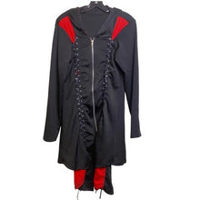 Load image into Gallery viewer, Hooded Cloak Womens Large Red Black Grommets Lace Up Gothcore Gothic Shirtdress