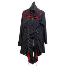 Load image into Gallery viewer, Hooded Cloak Womens Large Red Black Grommets Lace Up Gothcore Gothic Shirtdress