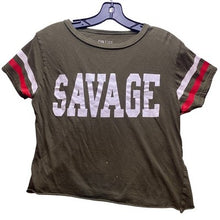 Load image into Gallery viewer, Savage Shirt Womens Large Army Green Spell Out Cropped Grunge Streetwear