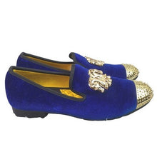 Load image into Gallery viewer, XQWFH Loafers Mens 9 Blue Velvet Gold Studded Dress Shoes Slip On