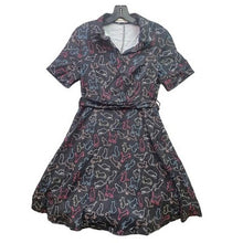 Load image into Gallery viewer, Black Cat Print Dress Womens Small Short Sleeve Collared Party Casual