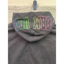 Load image into Gallery viewer, Bermuda Hoodie Mens Medium Rainbow Spell Out Sleeve Hits AOP Grunge Streetwear